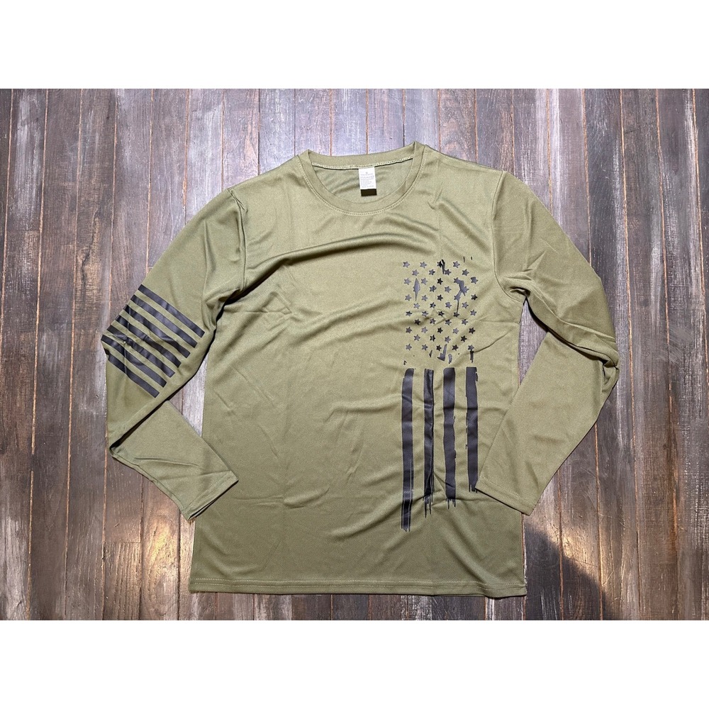 Mens Olive Green American Flag Long Sleeve Performance Tactical T-Shirt